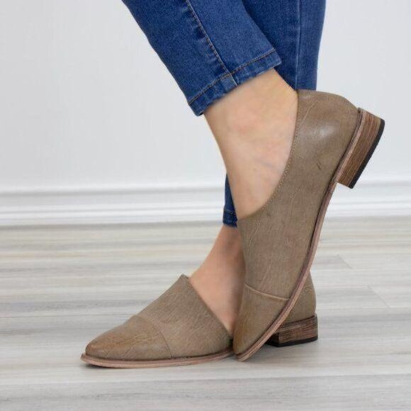 Tan Taupe Opened Side Pointy Slip On Flat Loafer - Picture 2 of 7